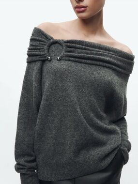 Zara Charcoal Gray Off-the-Shoulder Ring-Detail Sweater